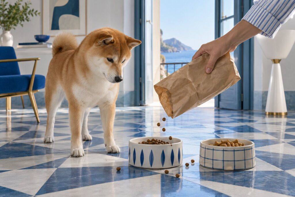 A Shiba Inu watches a hand pour the last kibble from a plain bag beside a bowl of different pieces.