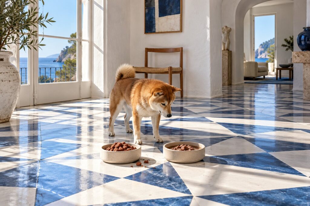 A Shiba Inu stands between a bowl of dry and a bowl of rehydrated freeze-dried raw dog food.