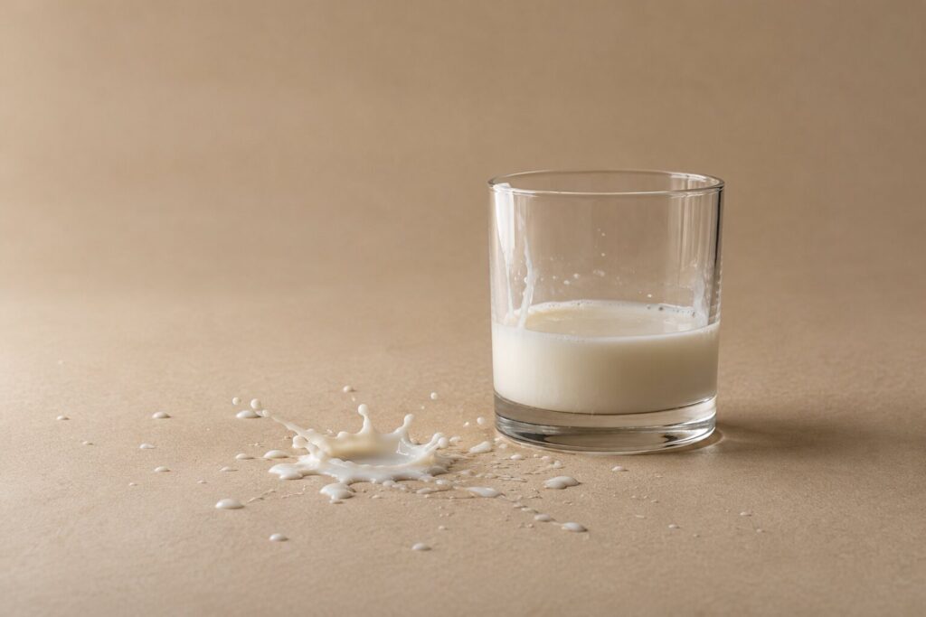 A small glass of milk with a splash spilled beside it on a beige backdrop