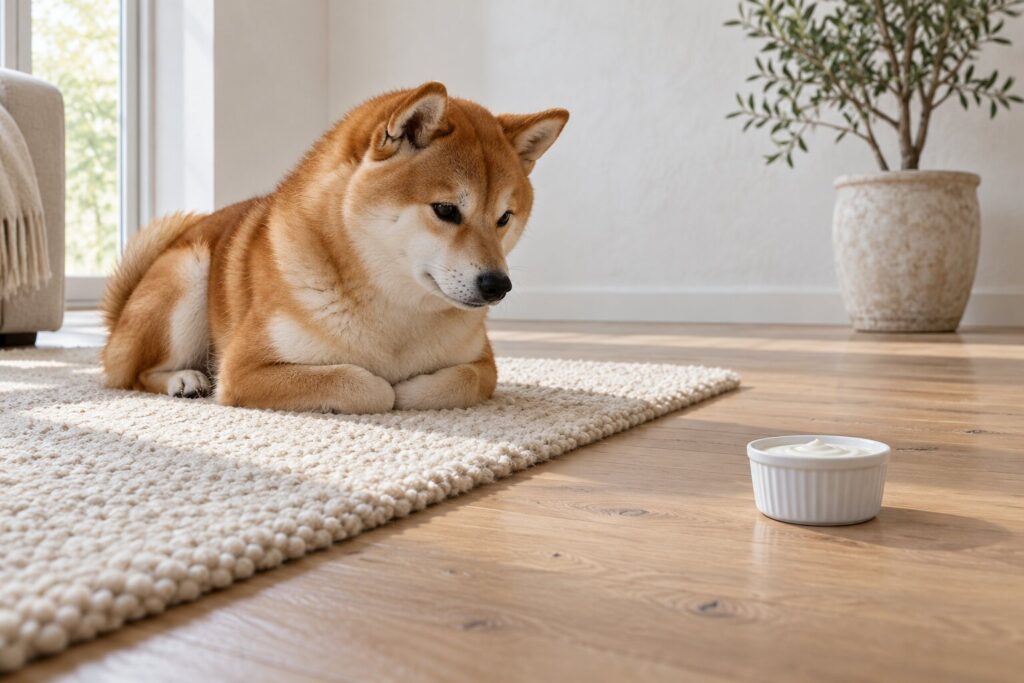 A Shiba Inu resting on a rug near a small bowl of plain yogurt on a wood floor