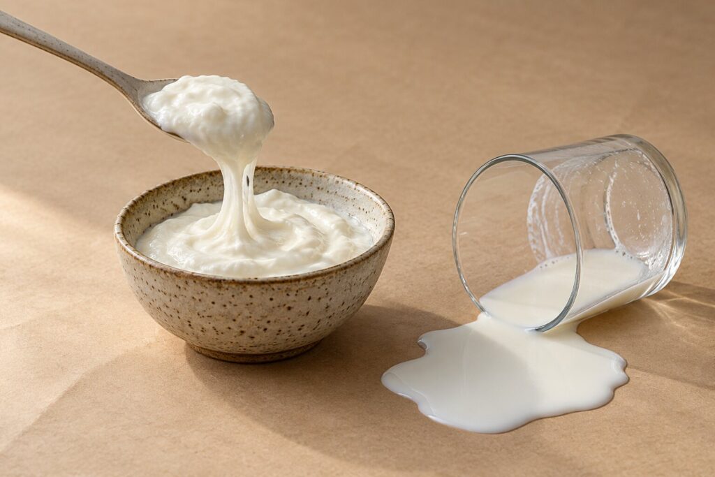 A spoonful of plain yogurt beside a small spilled puddle of milk on a warm beige backdrop
