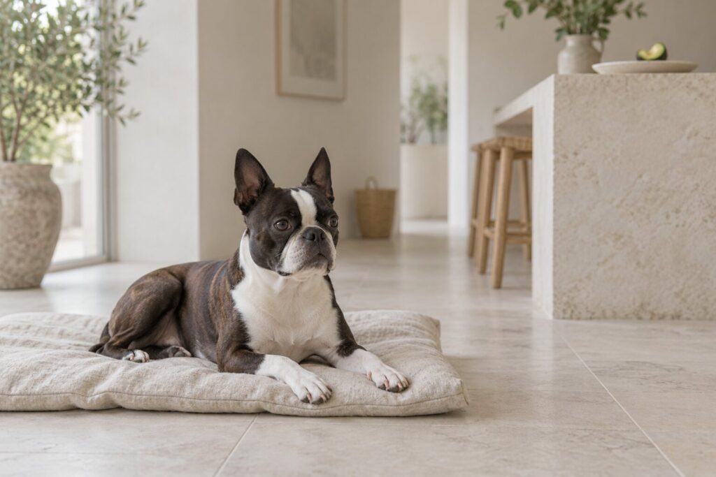 Can Dogs Eat Avocado? 1 A relaxed Boston terrier rests near a counter with a small piece of avocado on a plate.