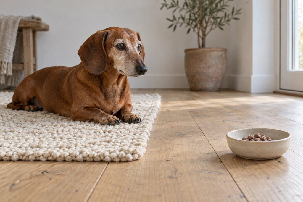 A dachshund rests on a rug near a small bowl of portioned cooked beef