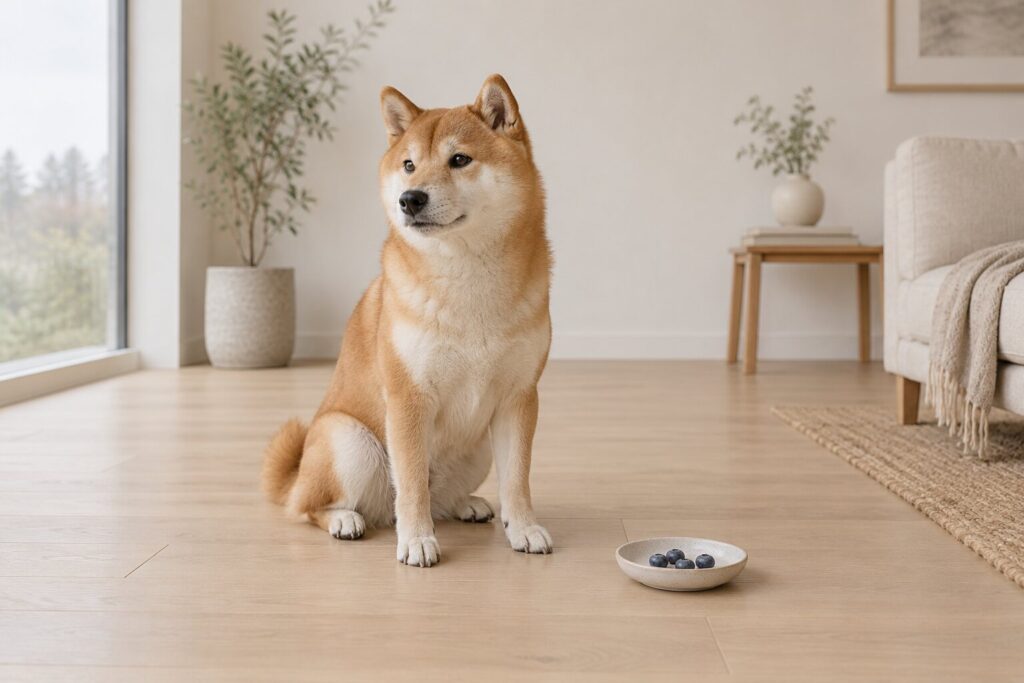 A seated Shiba Inu rests beside a small dish of five blueberries on a pale oak floor.