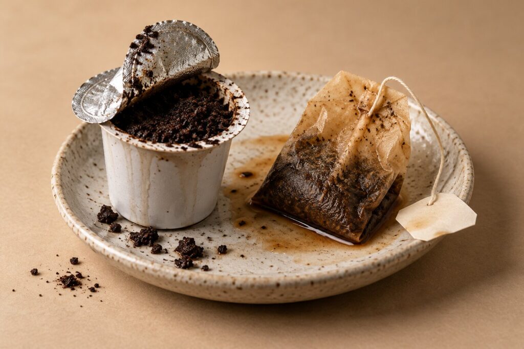 A used coffee pod and a damp tea bag rest on a small speckled dish