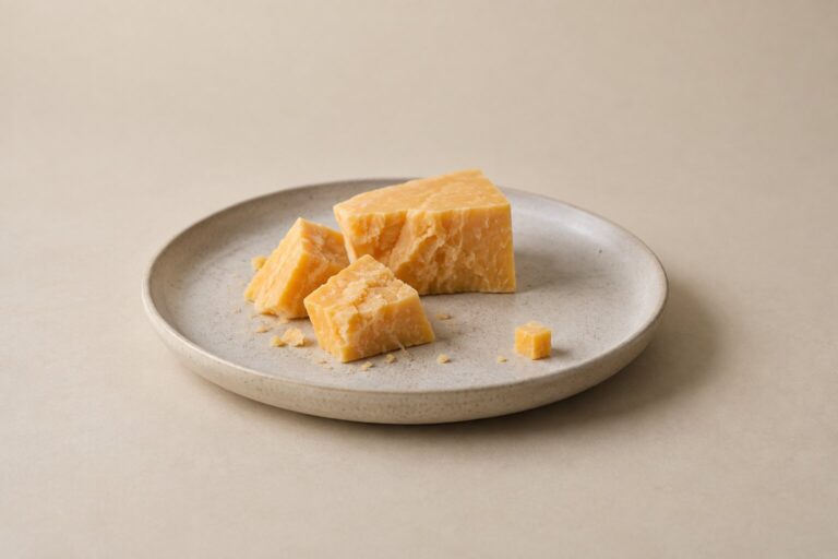 Small cheddar pieces and one tiny cube sit on a plain stoneware plate.