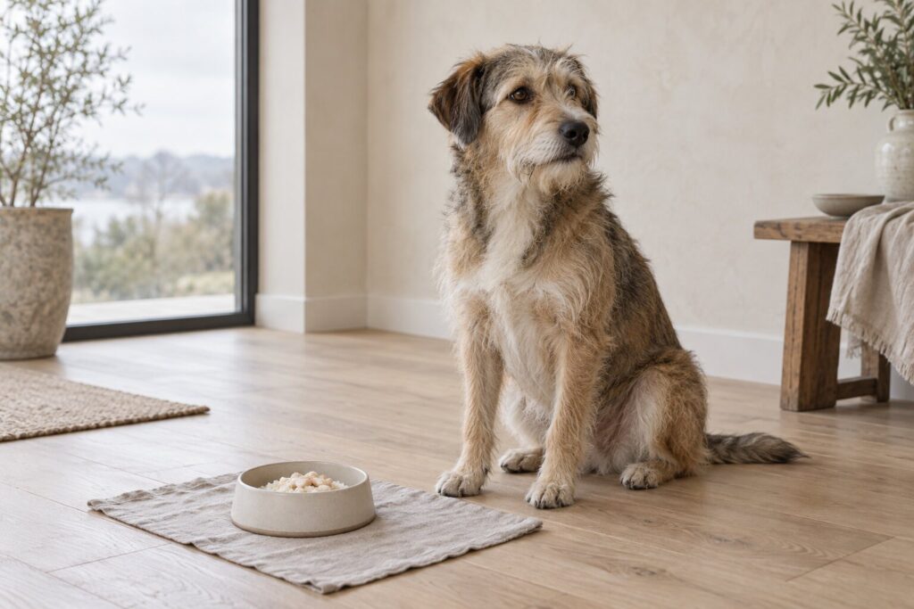 Can Dogs Eat Chicken? 3 A scruffy mixed-breed dog sits beside a small bowl of chicken and white rice.