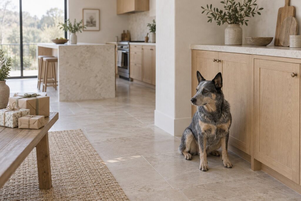 Can Dogs Eat Chocolate? 2 An Australian cattle dog sits beside a closed cupboard near plain wrapped gifts.
