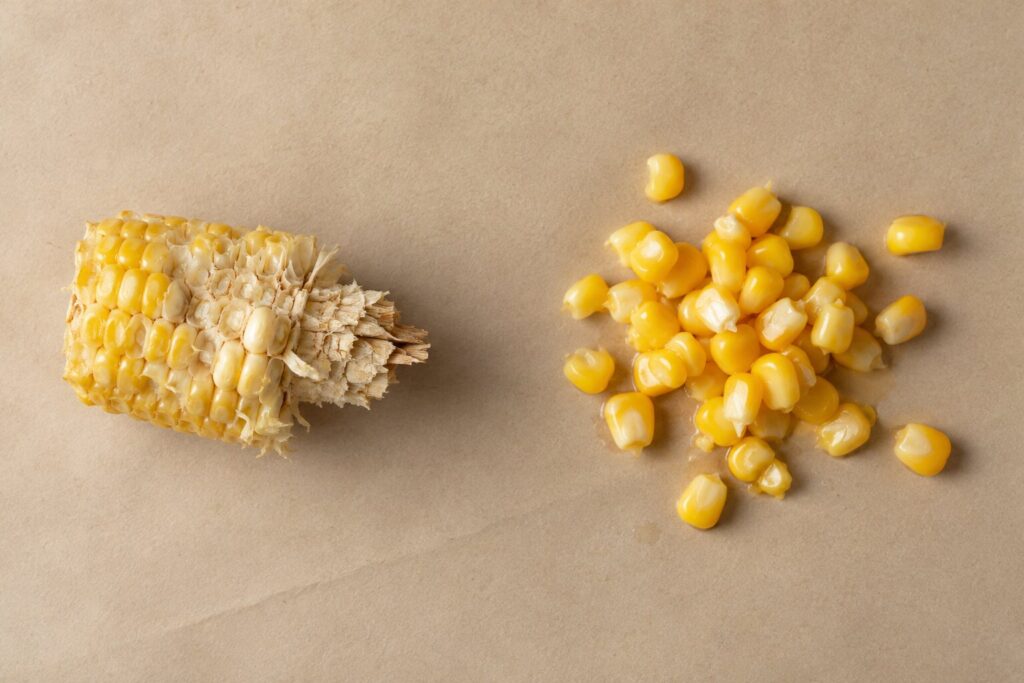 A jagged corn cob fragment sits apart from a small pile of plain corn kernels on oat paper