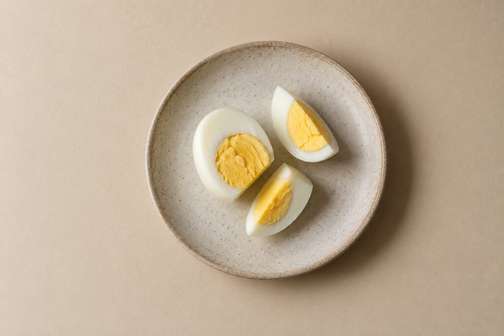 A peeled hard boiled egg and a few chopped pieces sit on a plain plate.