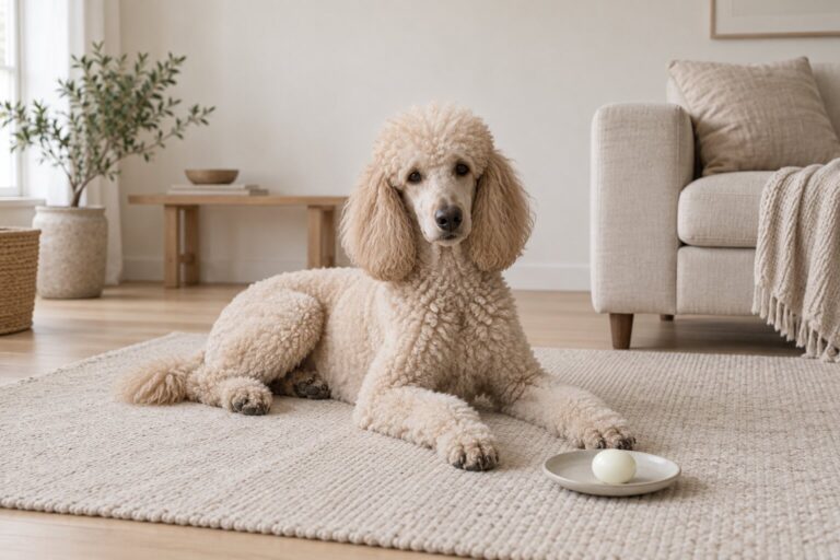 A calm poodle rests beside a peeled hard boiled egg on a small plate.