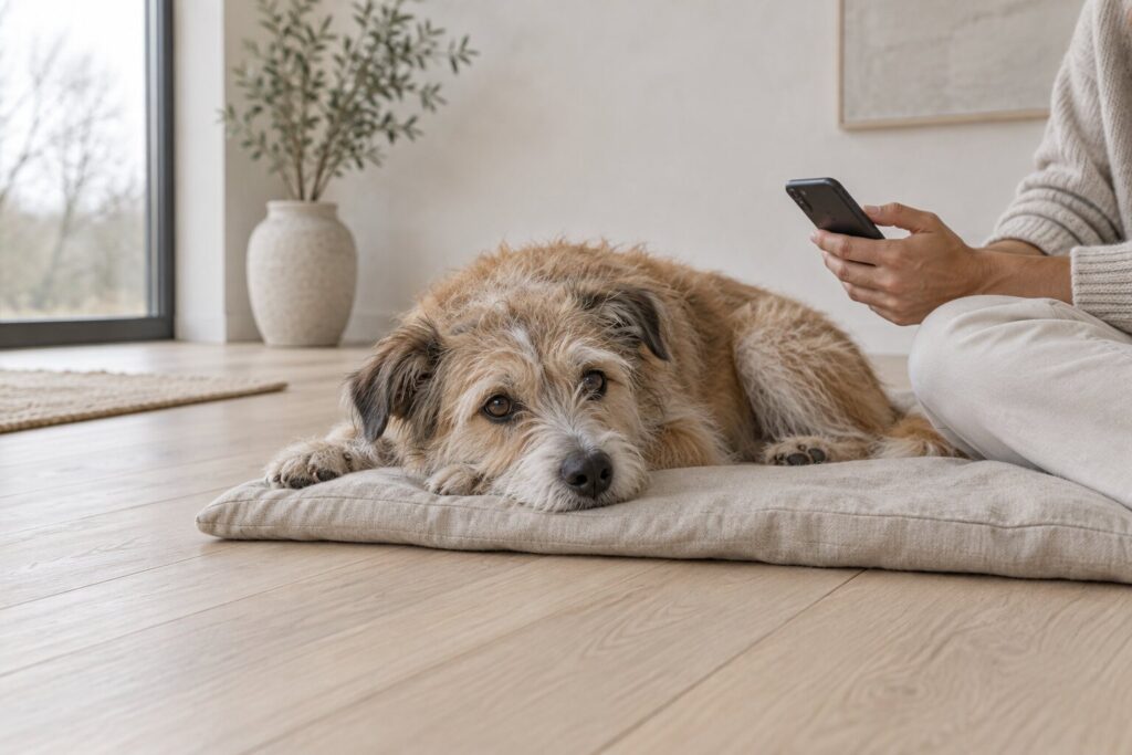 Can Dogs Eat Grapes or Raisins? 1 A scruffy mixed-breed dog rests on a linen mat beside a hand holding a phone.
