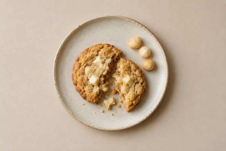 Macadamia nuts and a broken white chocolate macadamia cookie sit on a plain ceramic plate.