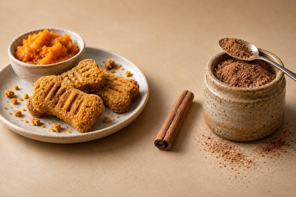 Pumpkin treats and pie sit near an open jar of ground nutmeg on a ceramic plate