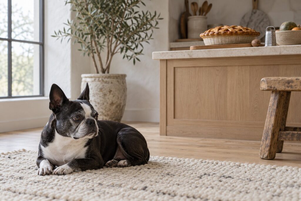 A Boston terrier rests on a rug while a pumpkin pie and nutmeg sit on a kitchen counter