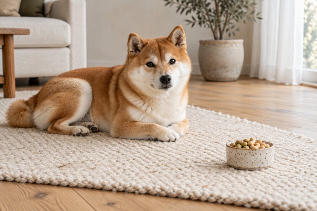 A Shiba Inu lies on a cream rug near a small dish of pistachios and cashews on an oak floor