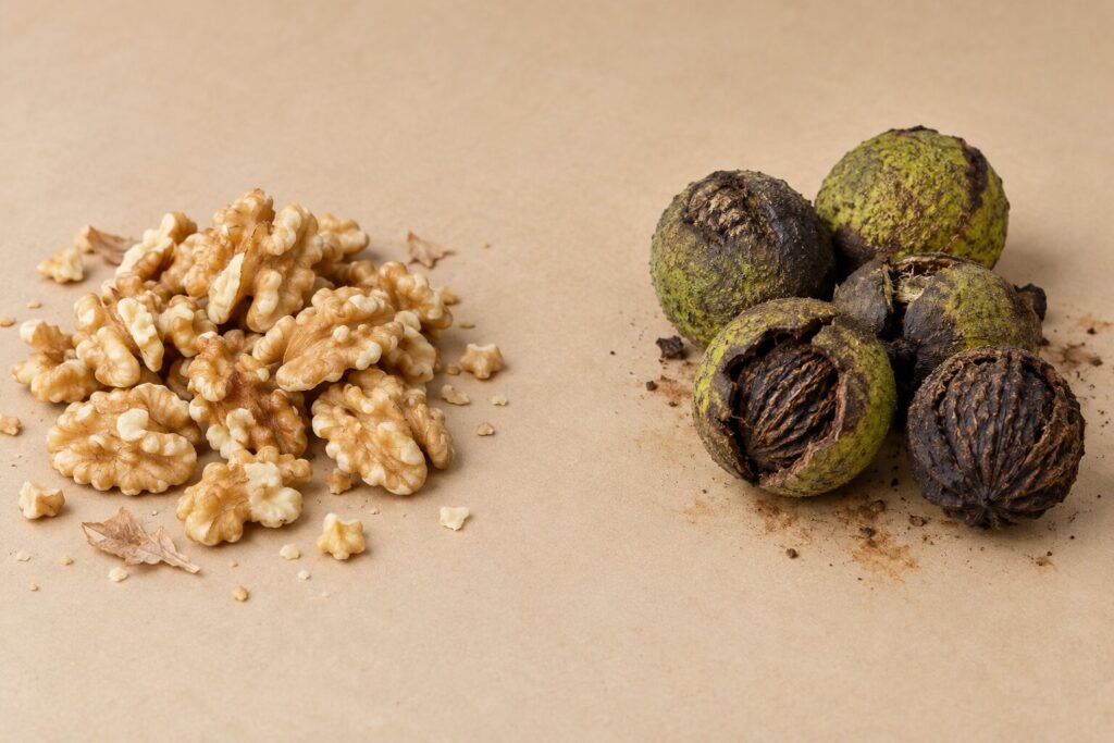 Pale shelled walnuts sit beside dark husked black walnuts on an oat colored backdrop