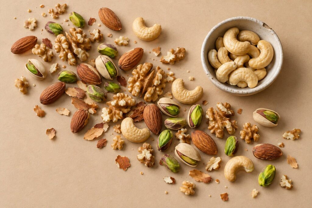An assortment of almonds, walnuts, pistachios and cashews scattered on oat paper beside a small bowl