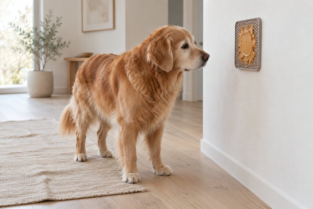 A senior golden retriever stands beside a lick mat with a thin smear of peanut butter.