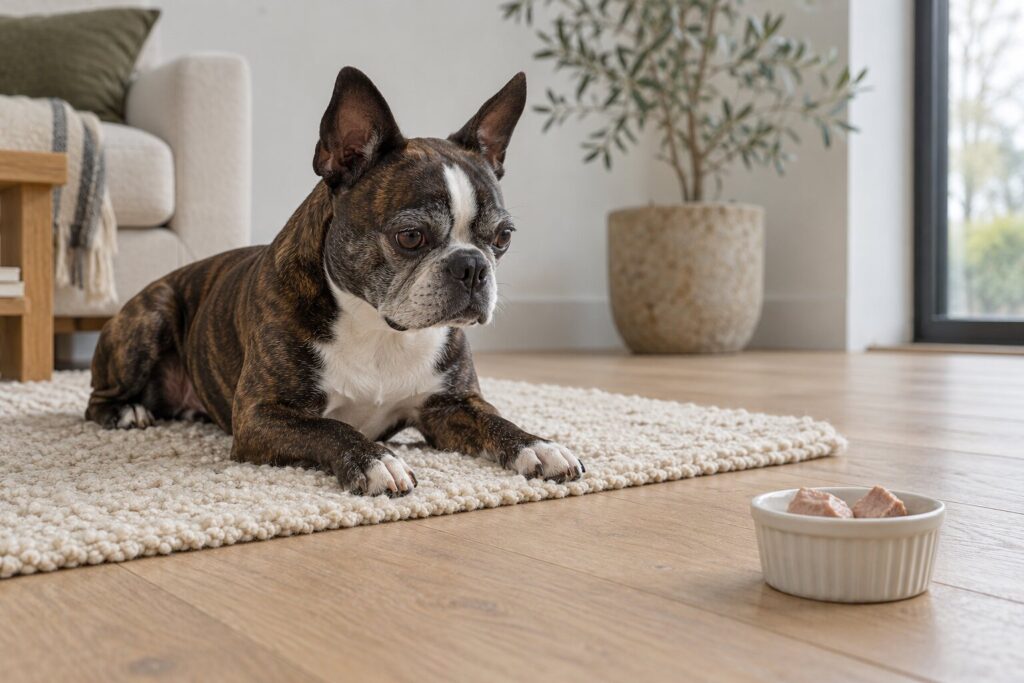 Can Dogs Eat Pork? Plain Cooked Lean Pork Yes, Bacon, Fat And Cured Pork No 2 A Boston terrier rests on a rug near a small dish of cooked pork pieces on a pale oak floor.