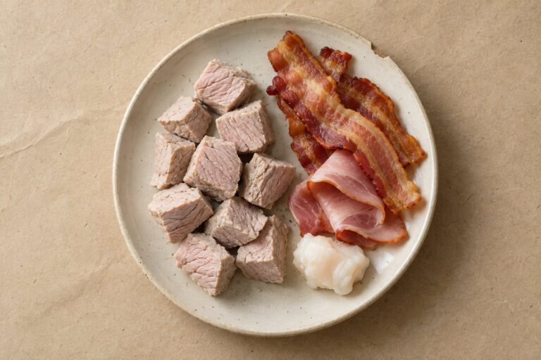 A plate shows trimmed lean pork cubes on one side and bacon and ham slices on the other.