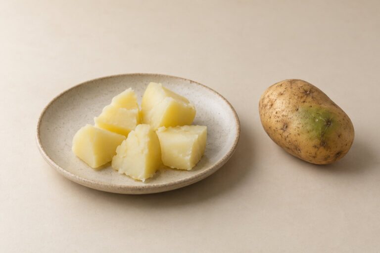 Boiled potato cubes sit beside a raw potato with a green patch on a plain stoneware plate.