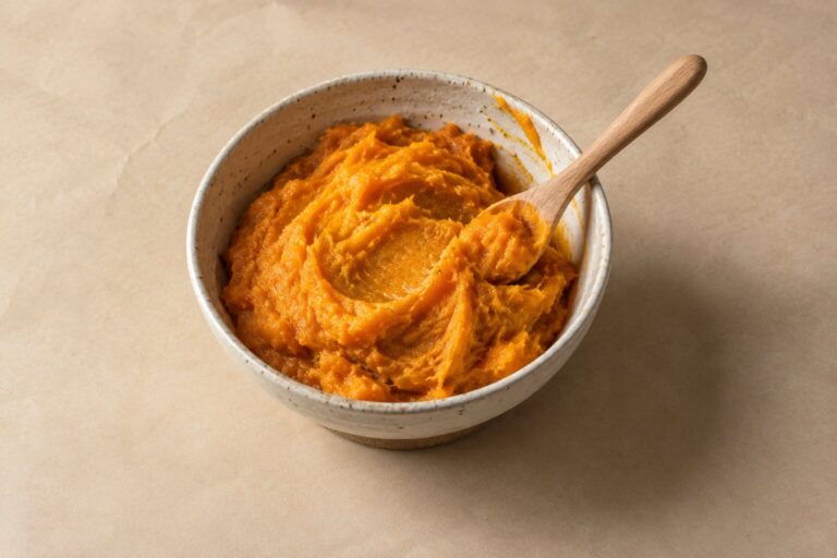 A bowl of bright orange pumpkin puree sits on a beige backdrop with a spoon beside it.