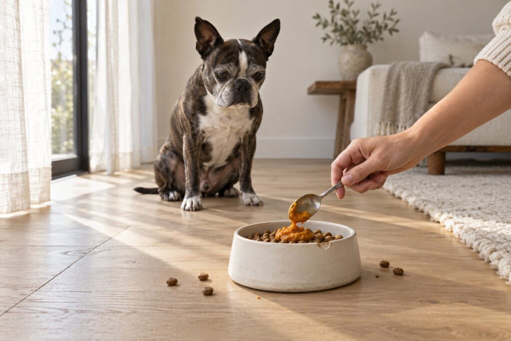 Can Dogs Eat Pumpkin? 2 A Boston terrier sits by a bowl as a hand spoons pumpkin onto its kibble in a bright room.