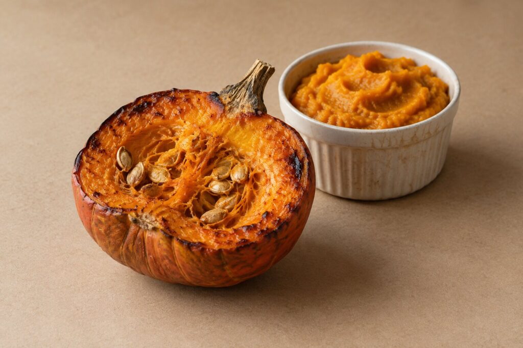 Can Dogs Eat Pumpkin? 1 A halved roasted pumpkin sits next to a small bowl of mashed pumpkin puree on a tabletop.