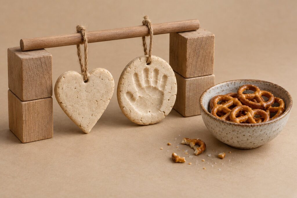 Salt dough ornaments hang on twine beside a small bowl of plain pretzels on oat paper