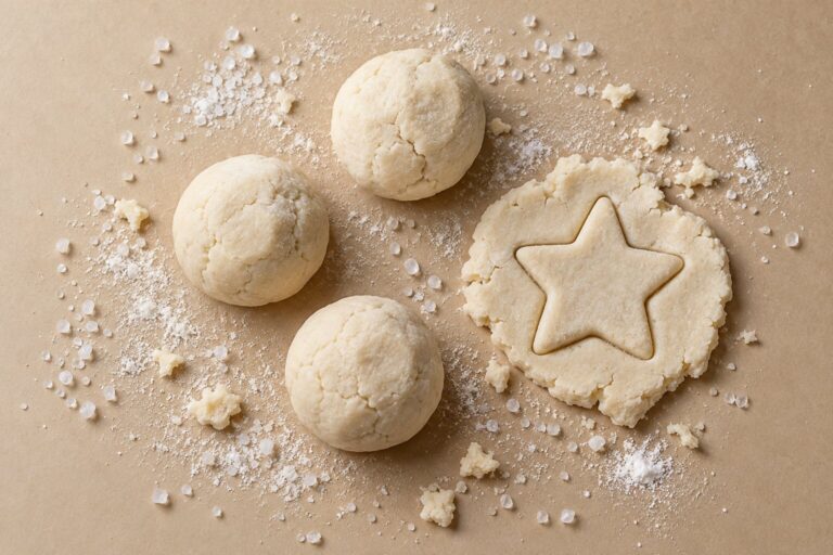 Raw salt dough balls and a star cutout with coarse salt crystals scattered on oat paper