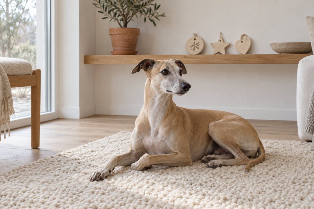 A calm whippet rests on a rug near a shelf of small salt dough ornaments kept out of reach