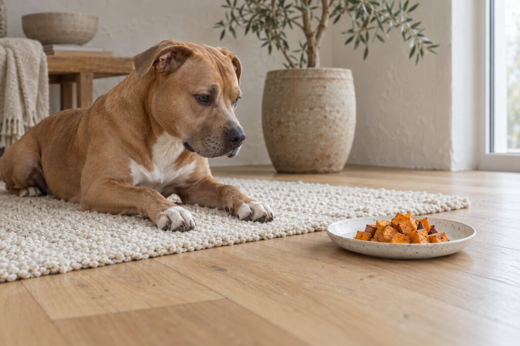 A pit bull mix rests on a cream rug near a plate of diced sweet potato indoors