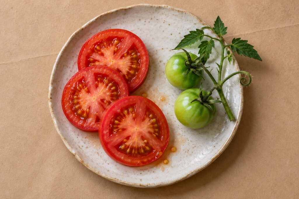 Ripe red tomato slices beside green unripe tomatoes and a leafy vine on a plate
