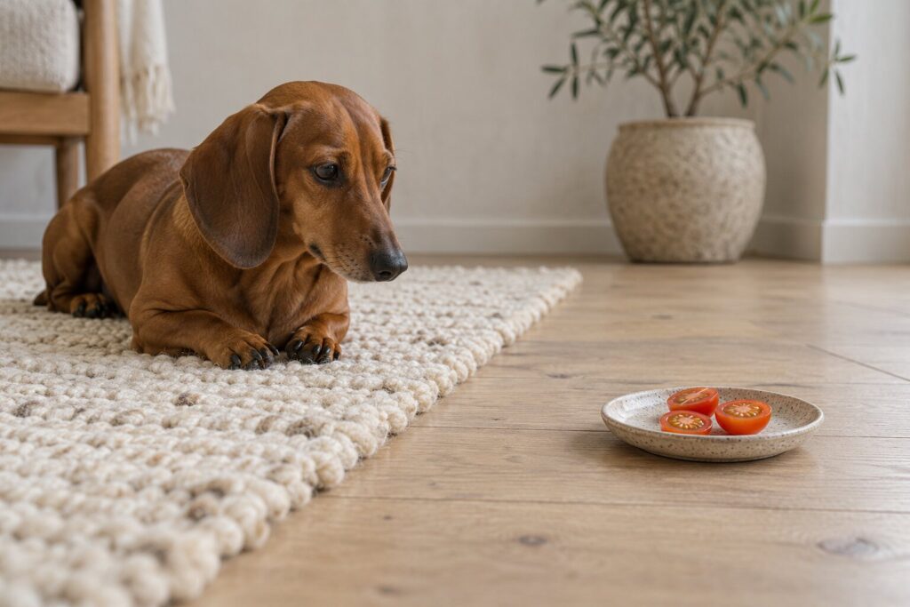 A dachshund rests on a rug beside a small dish of halved cherry tomatoes on a pale oak floor