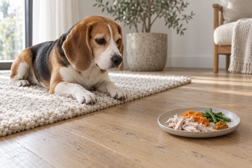 A beagle rests on a rug near a small plate of turkey, sweet potato, green beans and pumpkin