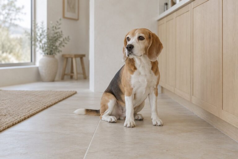 A calm beagle sits beside a closed cupboard in a minimal kitchen.