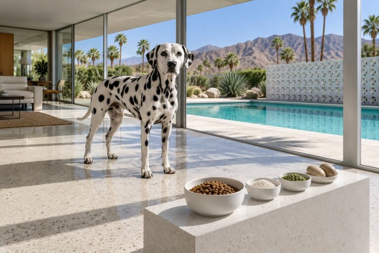 A Dalmatian stands on white terrazzo by a pool window, beside a bowl of kibble and small dishes of rice, dried peas and potatoes.