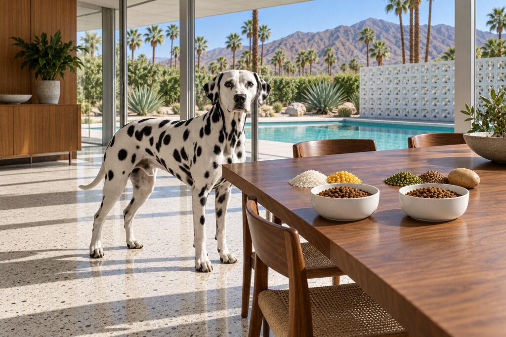 Two identical bowls of kibble on a walnut dining table, with rice and corn behind one and peas, lentils and a potato behind the other, as a Dalmatian looks on.