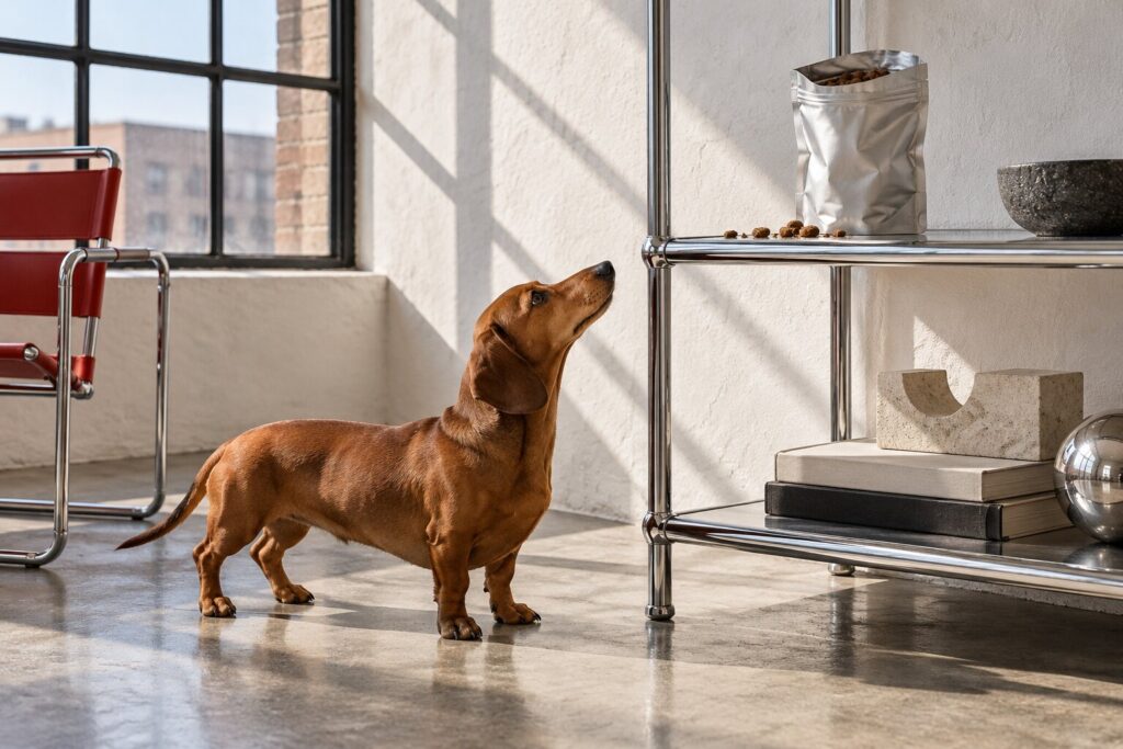 A dachshund sniffs below an open pouch standing upright on a sunlit steel shelf, no fridge in sight