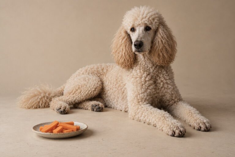 A relaxed poodle rests beside a ceramic plate of carrot sticks on a warm beige backdrop.