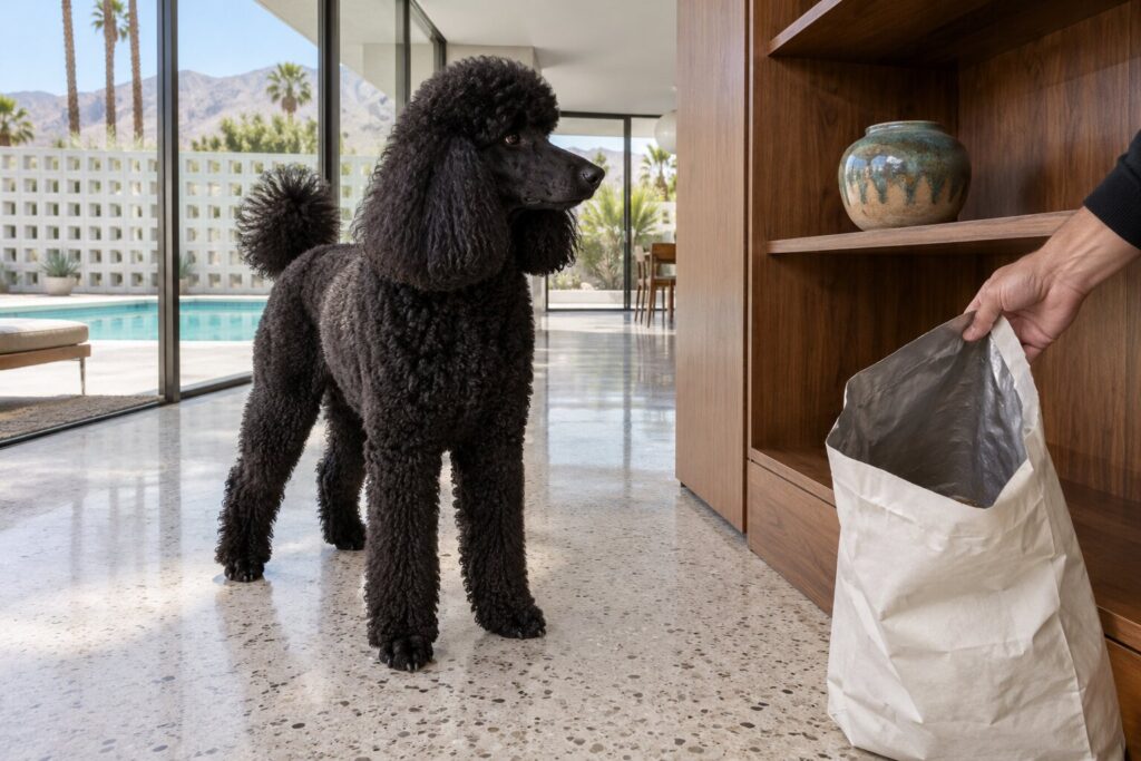 A black poodle waits beside a nearly empty plain food bag on a bare pantry shelf.
