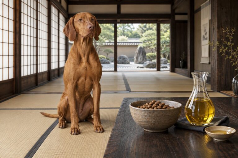 A Vizsla sits on tatami beside a bowl of kibble and a small carafe of golden oil in a Japanese modern house.