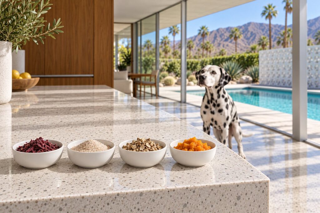 Fiber in Dog Food: What the Label Leaves Out 1 Small dishes of beet pulp shreds, psyllium husk, chicory root and pumpkin in a row, with a Dalmatian behind them.