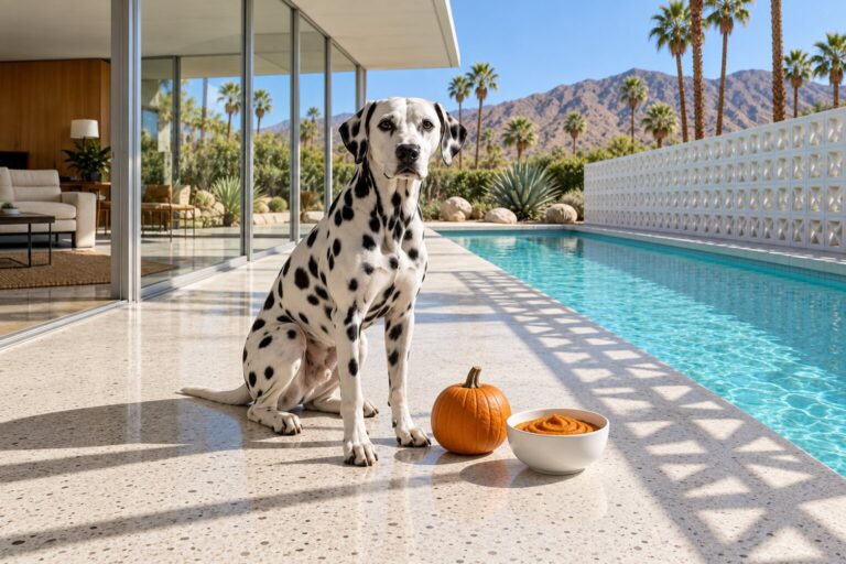 A Dalmatian sits by a breeze-block screen beside a small pumpkin and a bowl of plain pumpkin puree.