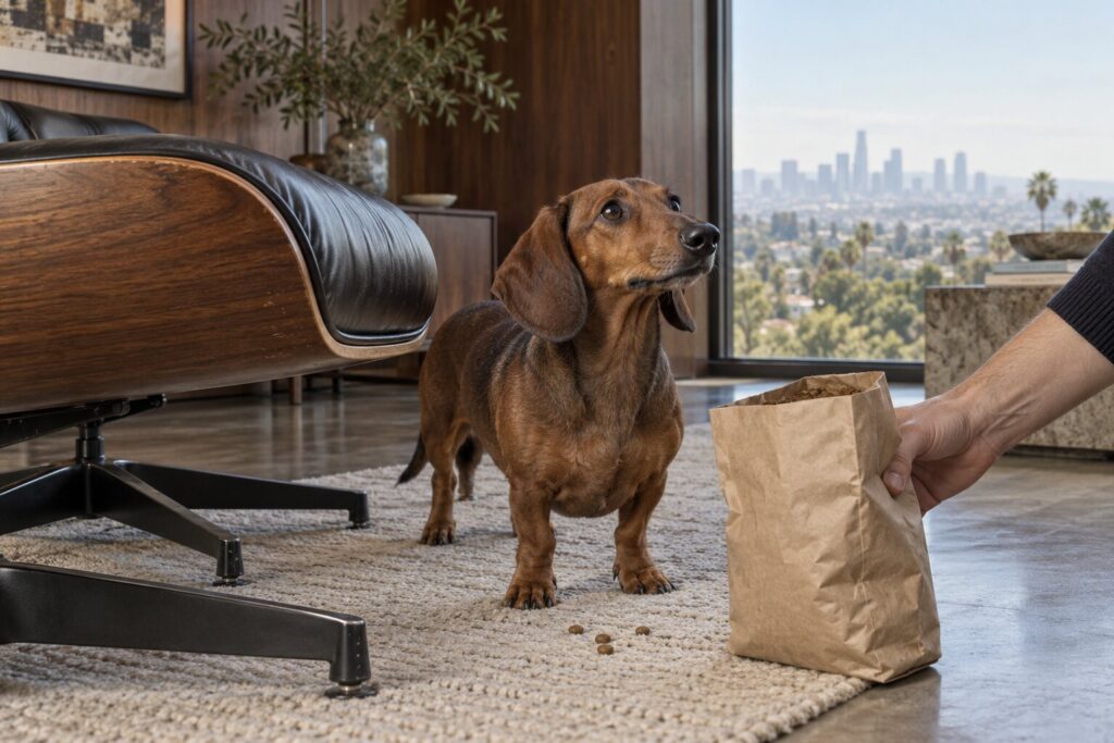 A dachshund examines small kibble pieces beside a plain open food bag in a mid-century room.