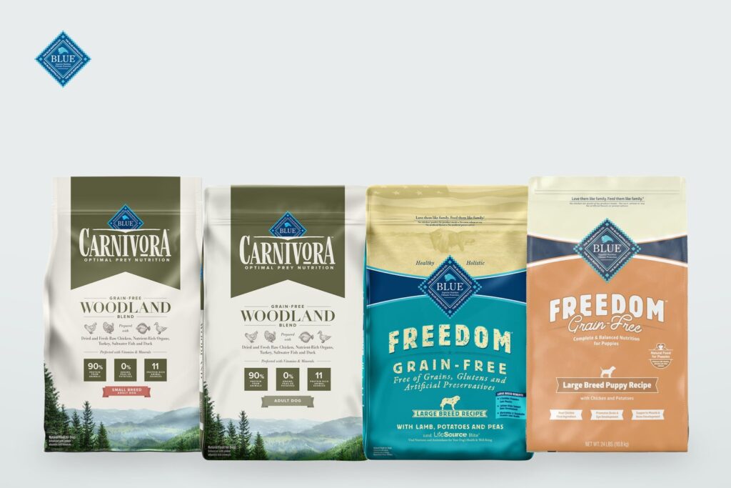 Blue dog food packagings