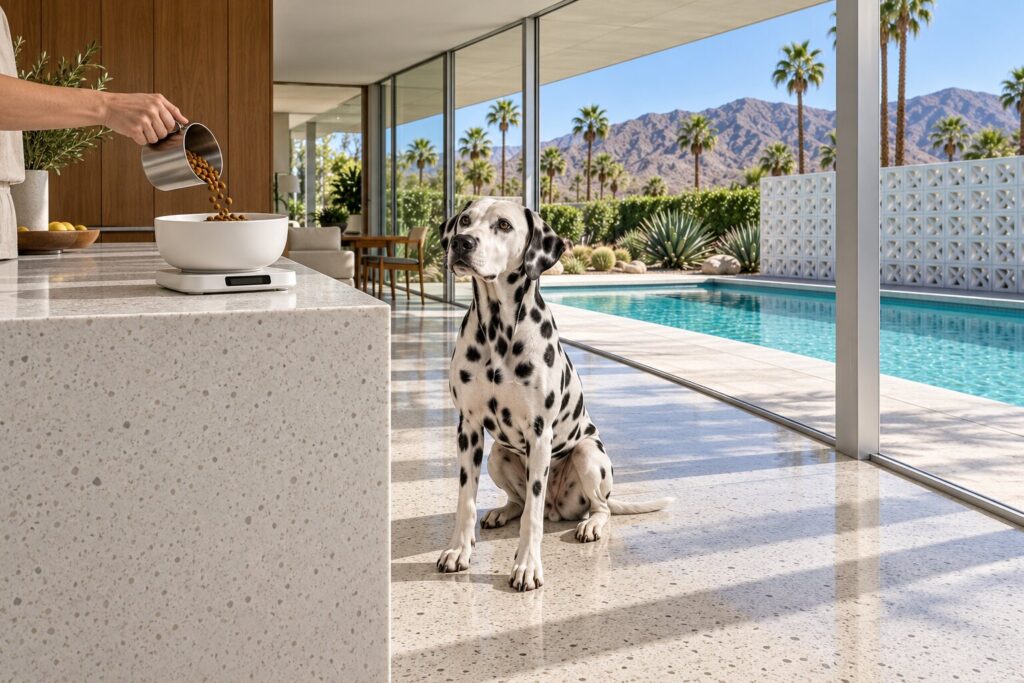 A hand weighs kibble on a kitchen scale in a Palm Springs kitchen while a Dalmatian waits on the terrazzo floor.