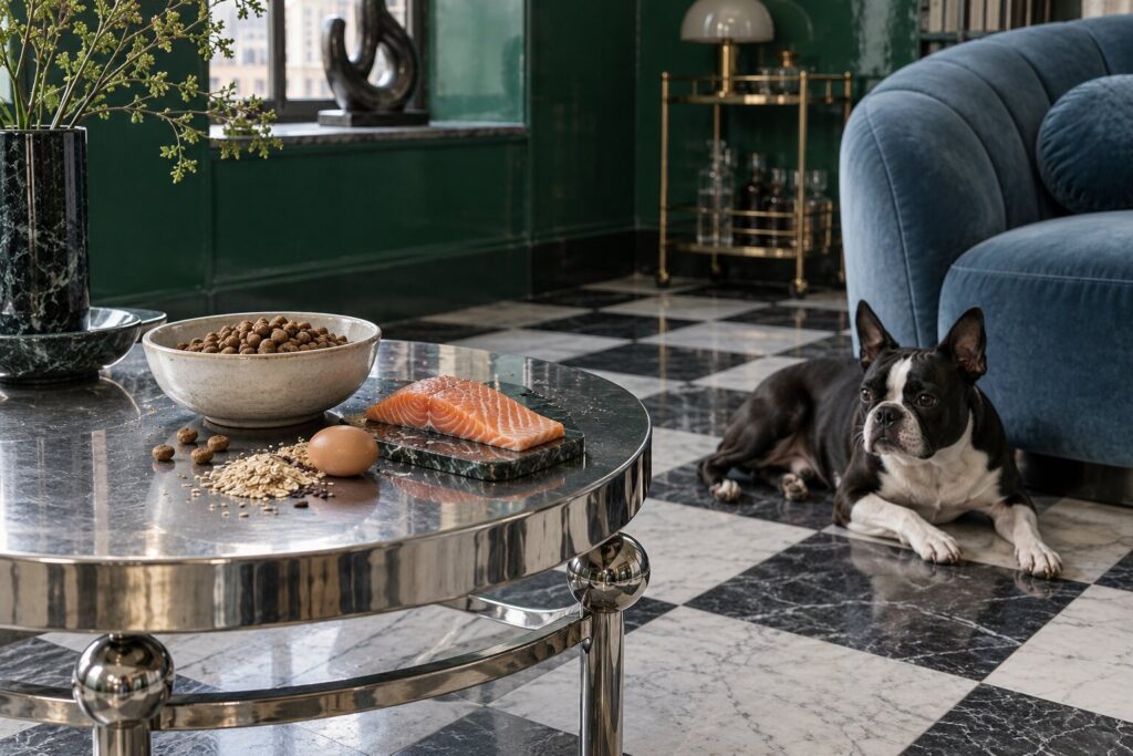 Kibble, salmon, an egg and grains sit on a chrome table as a Boston terrier watches nearby.