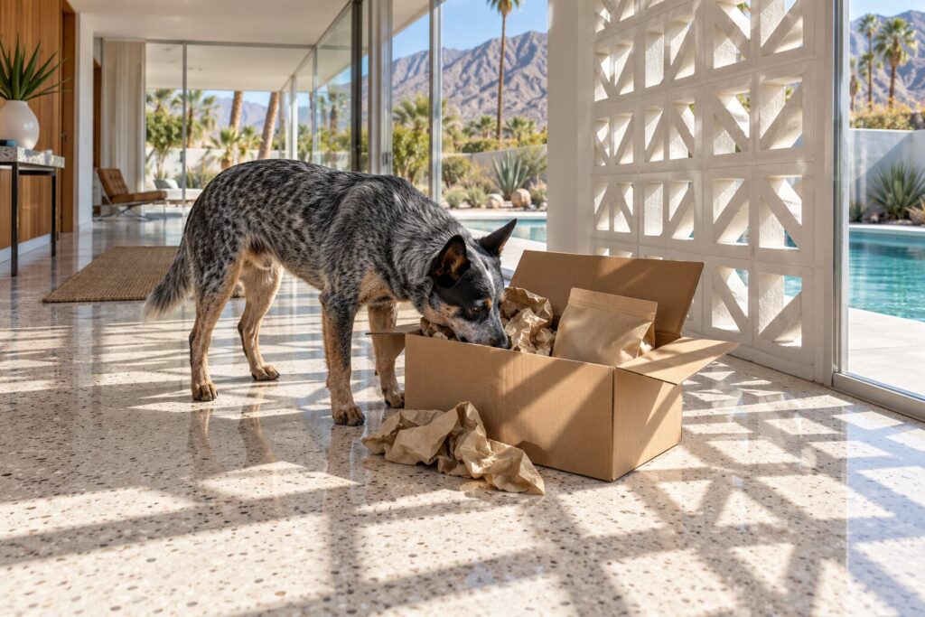 An Australian cattle dog noses into an opened delivery box on a terrazzo floor.